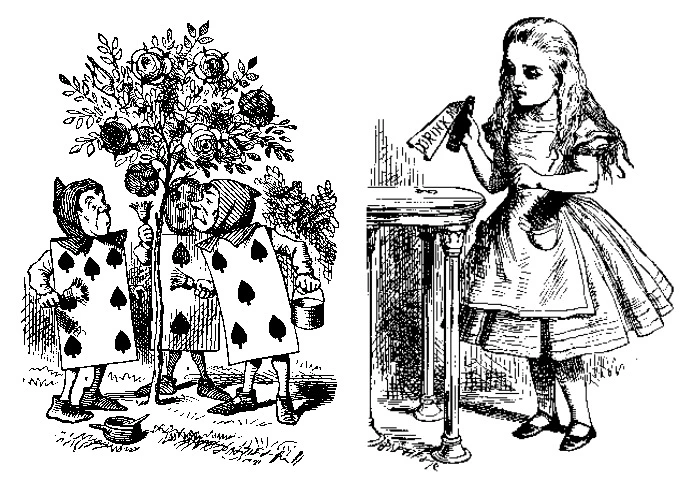 [Left: Two, Five, and Seven Painting the Rosebushes, Right: Alice Taking ‘Drink Me’ Bottle, Alice’s Adventures in Wonderland by Lewis Carroll, Published by Macmillan, 1865, Wood Engraving Print]